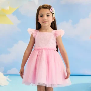 VESTIDO MALAGAH COM BORBOLETA EM PEDRAS E TULE ROSA
