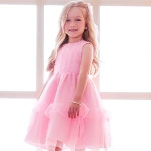 VESTIDO MALAGAH  EM TULE COM LAÇOS E PEDRINHAS