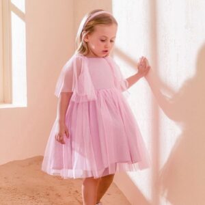 VESTIDO MALAGAH MANGA TULE LAÇO COSTAS ROSA