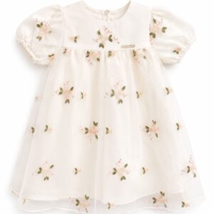 VESTIDO CARINHOSO BRANCO COM FLORES E FOLHAS BORDADAS