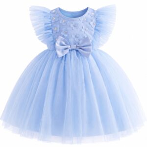 VESTIDO MERCI EM TULE COM FLORES E LAÇO AZUL