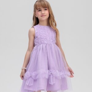 VESTIDO MALAGAH EM TULE COM LAÇOS E PEDRINHAS LILAS